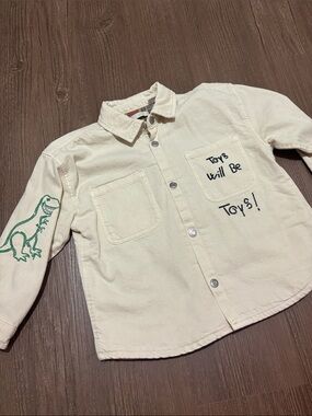 Zara Cream Button-Down Shirt with Green Dino Sleeve Embroidery